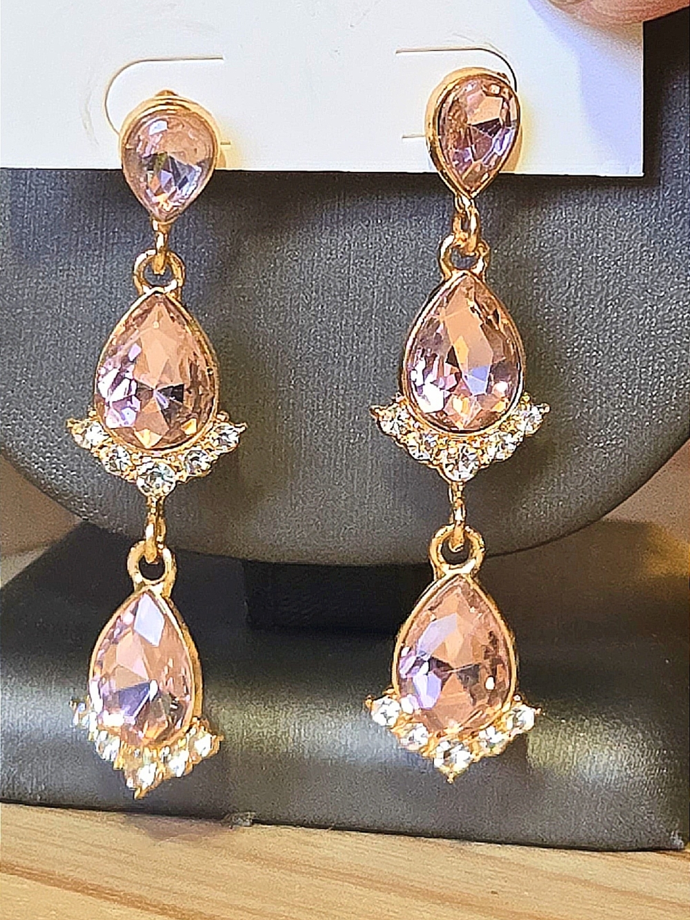 Gold-Tone Pink Teardrop Crystal Drop Earrings